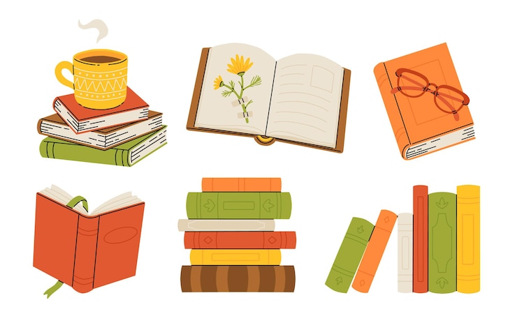 Вектор куча книг, чашка чая и стаканы, мультфильмный иллюстрационный набор, открытые и закрытые книги для чтения, гербарий, образование, знания, концепция обучения, уютное осеннее чтение.