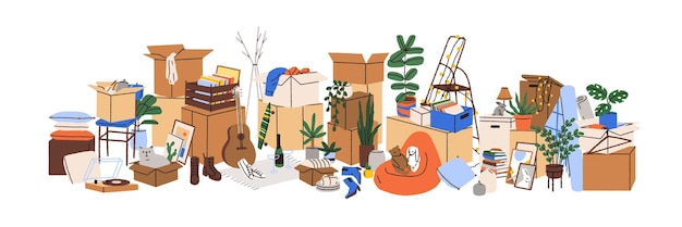 Vector pile of boxes, stuff for relocation. many packages, packed properties, lot of items, personal objects heap, home plants. moving concept. flat vector illustration isolated on white background.