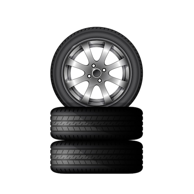 Vector pile of car tires with alloy wheel rim, tyre fitting service and sale advertisement poster