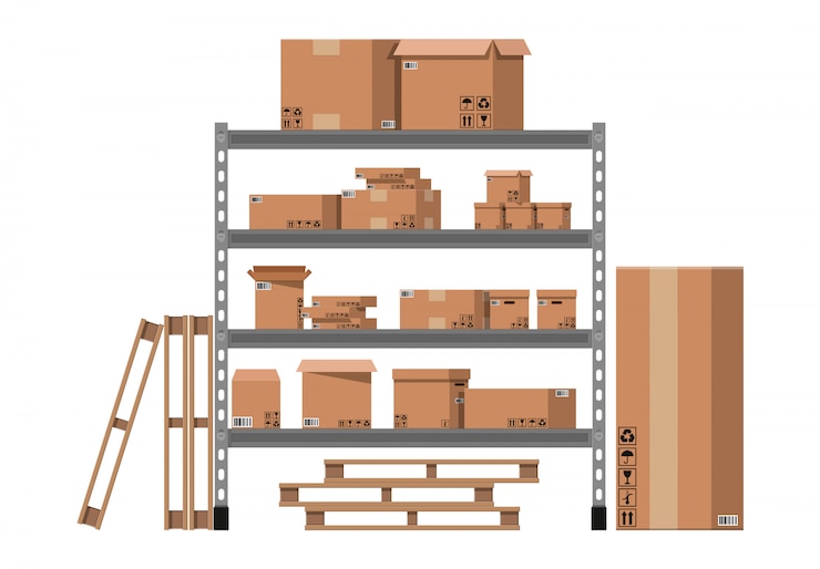 Vector pile cardboard boxes on shelves