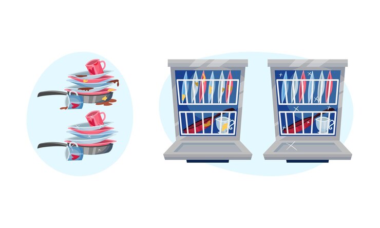 Vector pile of clean and dirty dishes and utensils rested in dishwasher vector set