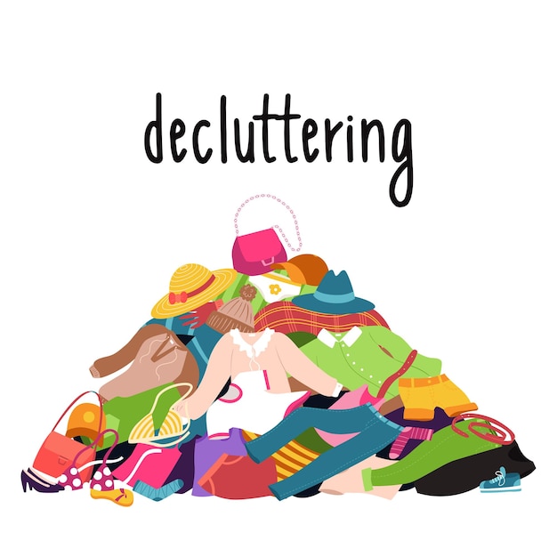 A pile of clothes and shoes lying on the floor Blouse hat jeans bag Mess heap of things decluttering overconsumption Color vector illustration of isolated on a white background