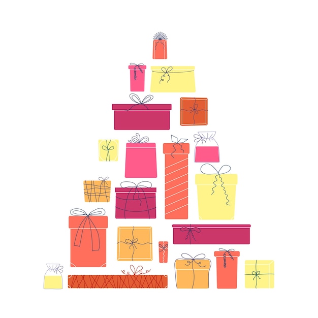 Pile of colorful flat gift boxes in shape of christmas tree in front view,  flat, isolated