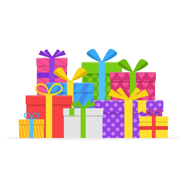 Vector pile colorful gift or present boxes with ribbon and bow set isolated on white