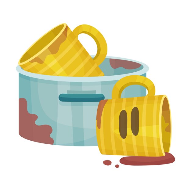 Vector pile of dirty kitchen utensils and crockery left after lunch vector illustration