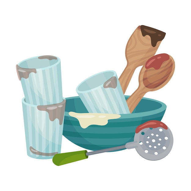 Vector pile of dirty kitchen utensils and crockery left after lunch vector illustration