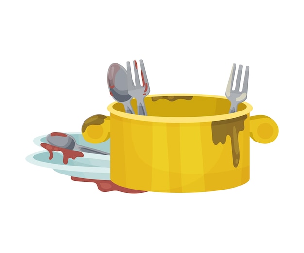 Pile of dirty kitchen utensils and crockery vector illustration
