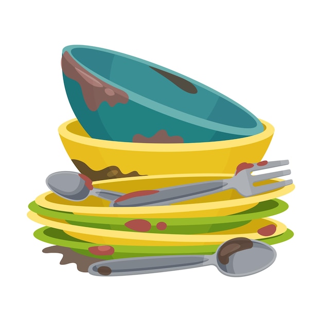 Vector pile of dirty kitchen utensils and crockery vector illustration