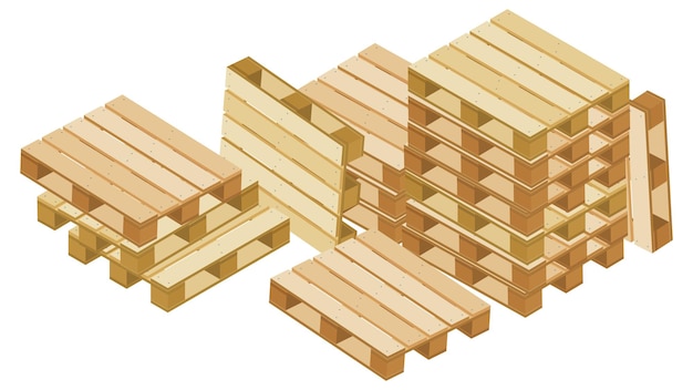 Pile of dropped isometric pallets for packaging and transportation isolated on white background Vector illustration