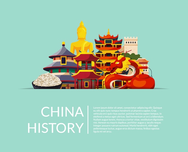 Pile of flat style china elements and sights hidden in horizontal paper pocket with shadow and place for text illustration. chinese building and culture, history architecture