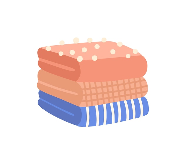 Pile of folded clothes flat vector illustration. Knitted woolen garment. Striped and checkered apparel. Packed outfit elements with pompons. Warm winter clothing on white background.