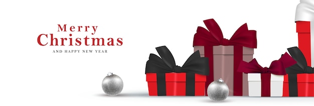 Pile of gift boxes christmas present banner. merry christmas and happy new year  realistic background illustration