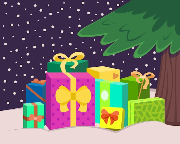 Pile of gift boxes on snow under fir tree vector illustration