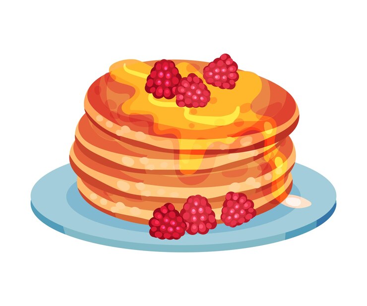 Vector pile of hot pancakes with melting butter and raspberries vector illustration