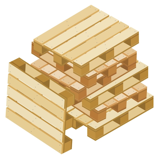 Pile of isometric pallets for packaging and transportation isolated on white One pallet is leaning against a pile Vector illustration