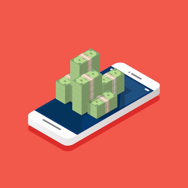 Pile of money on the smartphone screen isometric. vector illustration