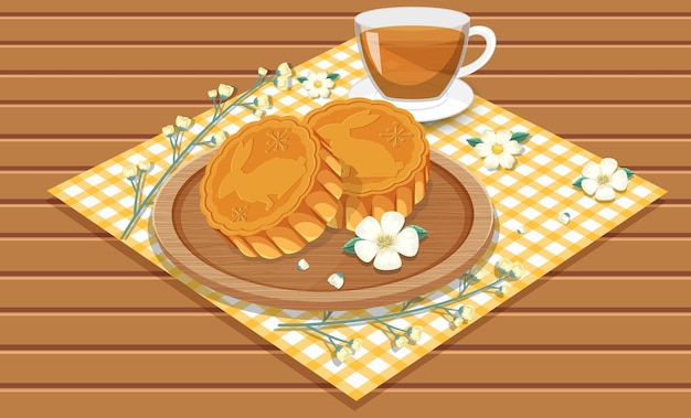 Вектор Куча лунных пирожных с чашкой на деревянном столе