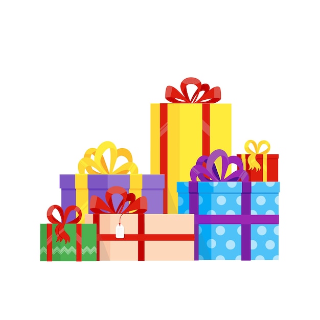 Pile of present gift boxes A lot of gifts for holidays iflat style design vector illustration