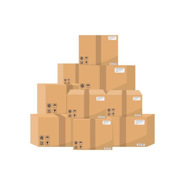 Vector pile of stacked cardboard boxes isolated on white background vector illustration