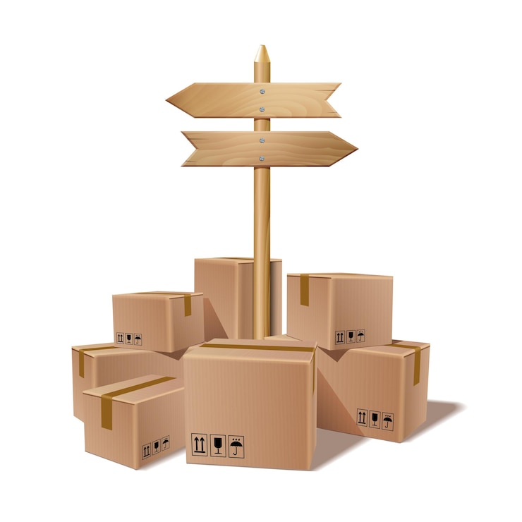 Vector pile of stacked goods cardboard boxes with multidirectional wooden road signpost. delivery, cargo, logistic and transportation warehouse storage concept. vector isolated on white.