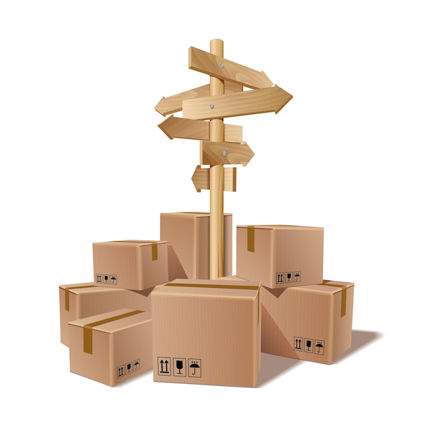 Pile of stacked goods cardboard boxes with multidirectional wooden road signpost