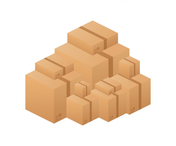 Vector pile of stacked sealed goods cardboard boxes. 