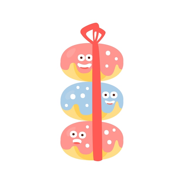 Pile of three doughnuts with ribbon children birthday party attribute cartoon happy humanized character in girly colors