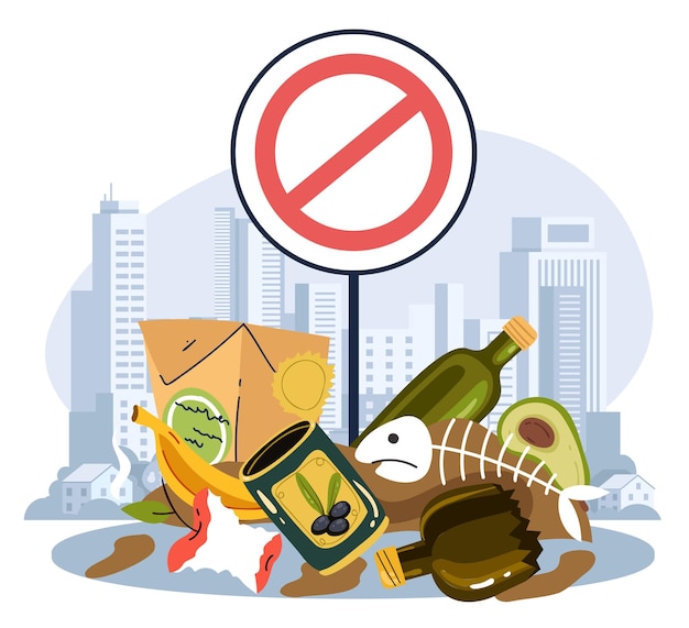 Mucchio di rifiuti vicino alla città. elemento di disegno del fumetto di vettore di concetto del segno rosso vietato lo smaltimento dei rifiuti