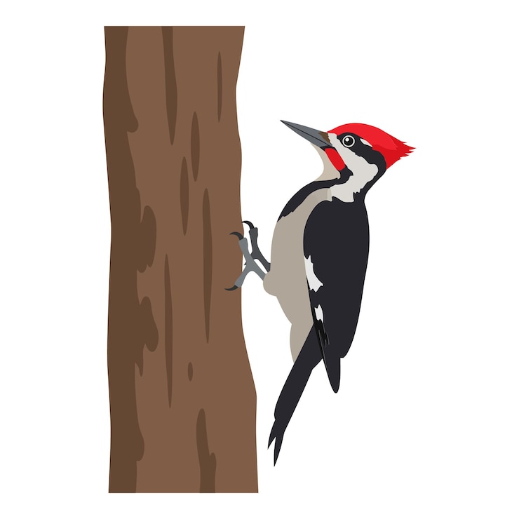 Vector pileated woodpecker clinging to a tall tree trunk in flat vector art style showcasing its vibrant colors and detailed features in a natural setting