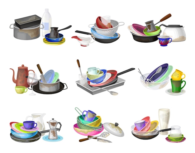 piles of dirty dishes and utensils with plates and cups vector set