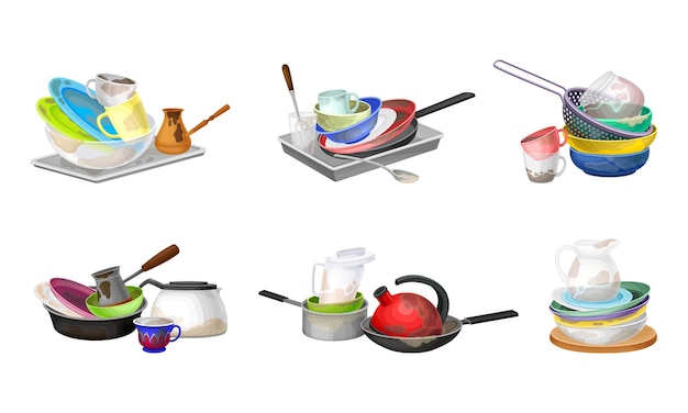 piles of dirty dishes and utensils with plates and cups vector set