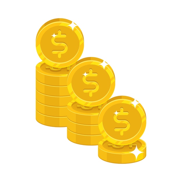 Piles gold dollars isolated cartoon icon Three heaps of gold dollars and dollar signs for designers and illustrators Gold stacks of pieces in the form of a vector illustration