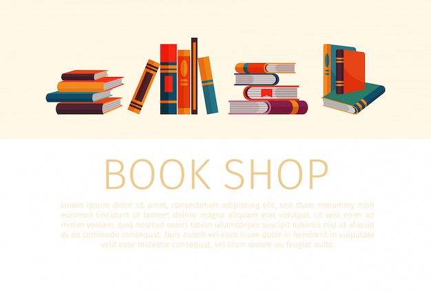 Piles and stacks of books for book store or shop in cartoon style. Stacks of books with text template