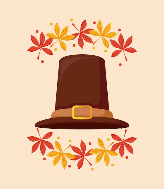 Vector pilgrim hat of thanksgiving day with leafs