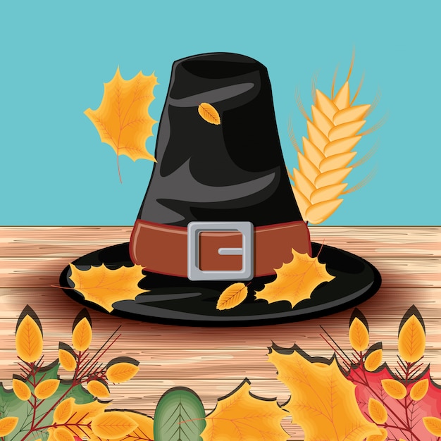 Vector pilgrim hat of thanksgiving day with leafs