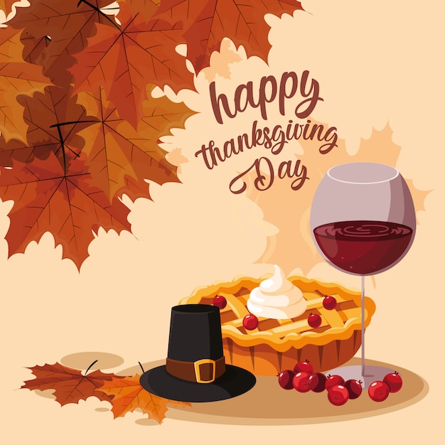 Vector pilgrim hat with pie and cup wine