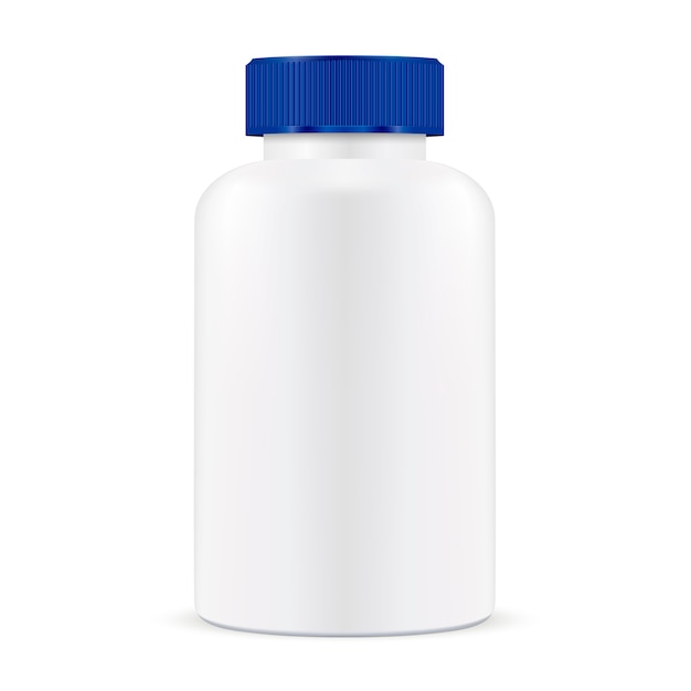 Pill Bottle. Blue Lid Plastic Medicine Container