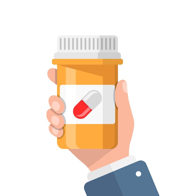 pill bottle in hand illustration in flat style medical capsules vector illustration on white isolated background pharmacy sign business concept