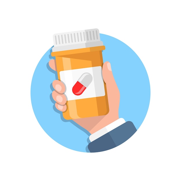 Vector pill bottle in hand illustration in flat style medical capsules vector illustration on white isolated background pharmacy sign business concept