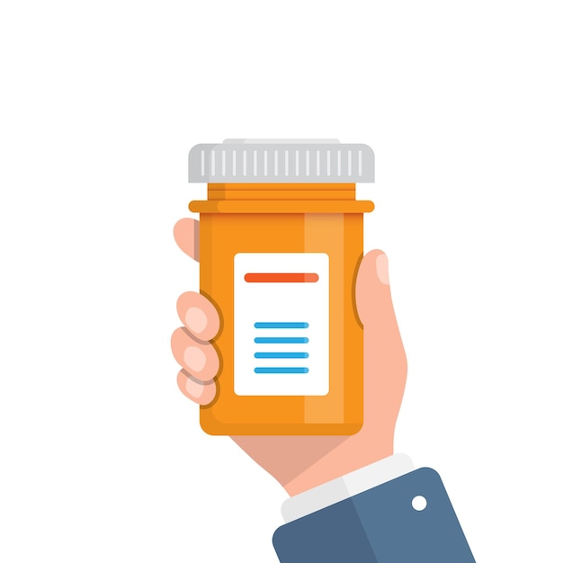 Pill bottle in hand illustration in flat style medical capsules vector illustration on white isolated background pharmacy sign business concept