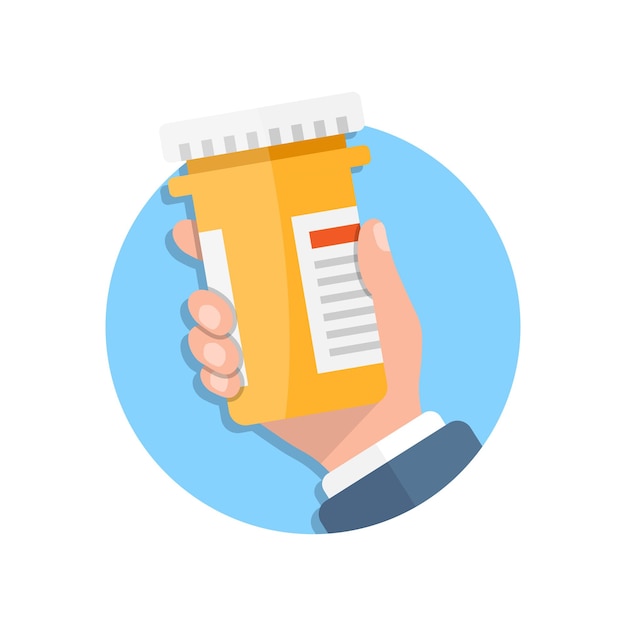 Pill bottle in hand illustration in flat style Medical capsules vector illustration on white isolated background Pharmacy sign business concept