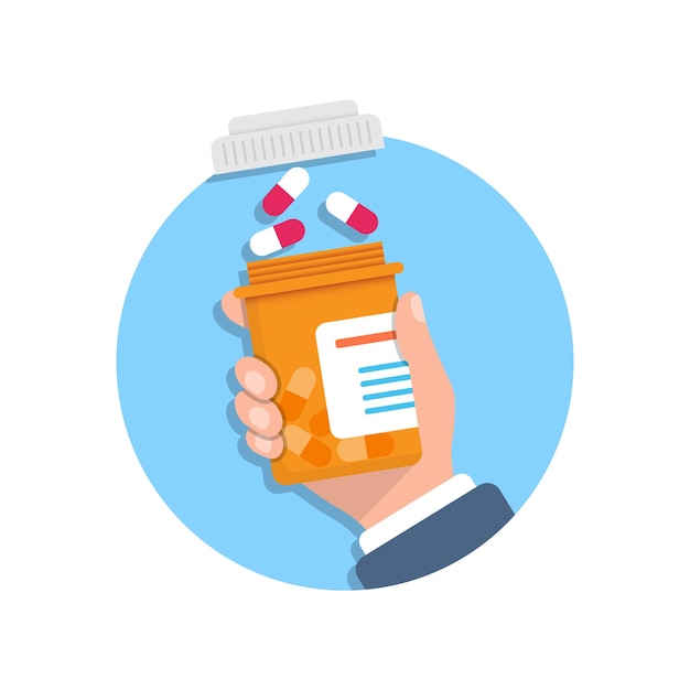 Vector pill bottle in hand illustration in flat style medical capsules vector illustration on white isolated background pharmacy sign business concept