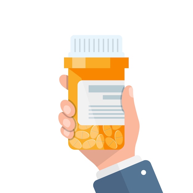 Vettore illustrazione del flacone della pillola in mano in stile piatto illustrazione vettoriale delle capsule mediche su sfondo bianco isolato concetto di business del segno della farmacia
