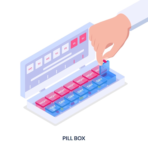 Pill box. Smart container for pills storage. Vector Illustration