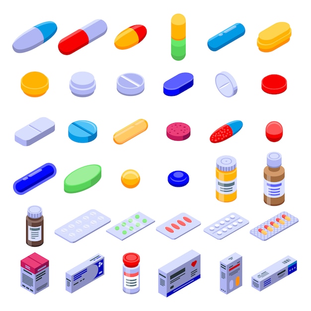 Pill drug icons set