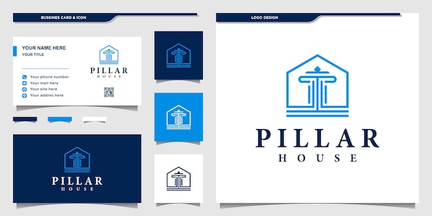 Логотип дома-колонны простой формы с дизайном бизнес-карты Premium вектор