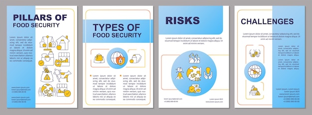 Pillars of food security blue brochure template Risks and challenges Leaflet design with linear icons 4 vector layouts for presentation annual reports ArialBlack Myriad ProRegular fonts used