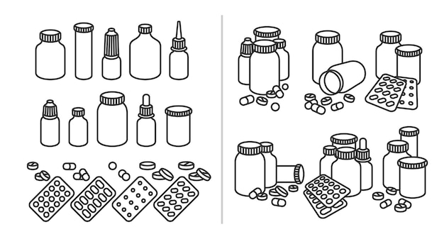 Pillen en capsules elementen set. Medische fles collectie. vector illustratie