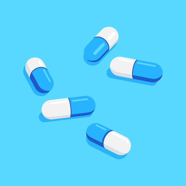 Pillen en tabletten van medische medicijnen op blauwe achtergrond. Medicatie, farmaceutisch concept. Vlakke stijl illustratie.