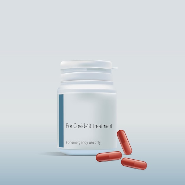 Pillen voor covid-19 behandeling. Realistische plastic fles voor pillen of capsules. vector illustratie